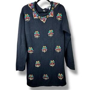 Vintage Marnie West VTG 90s Silk Rhinestone Sequin Floral Angora Tunic Sweater